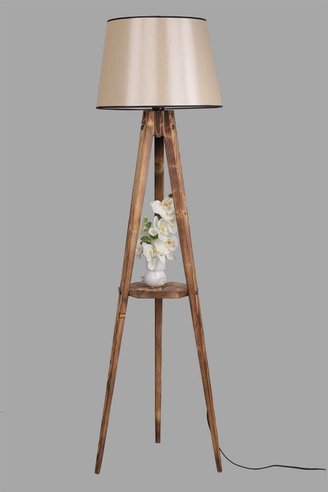 Opviq Lámpara de Pie de Madera con Estante y Pantalla de Tela Marrón Opviq Lámpara de Pie de Madera con Estante y Pantalla de Tela Marrón